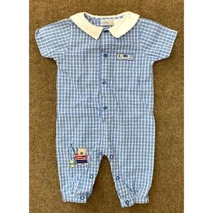Vintage McBaby Romper 3-6 Months Gingham Plaid Fishing Bear Short Sleeve